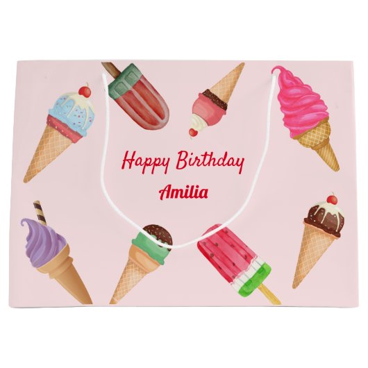 ピンクのアイスクリームパーティー誕生日ベイビーシャワープレゼントバッグ ラージペーパーバッグ (正面)