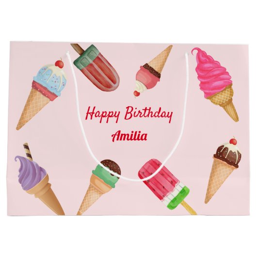 ピンクのアイスクリームパーティー誕生日ベビーシャワーギフトバッグ ラージペーパーバッグ (裏面)