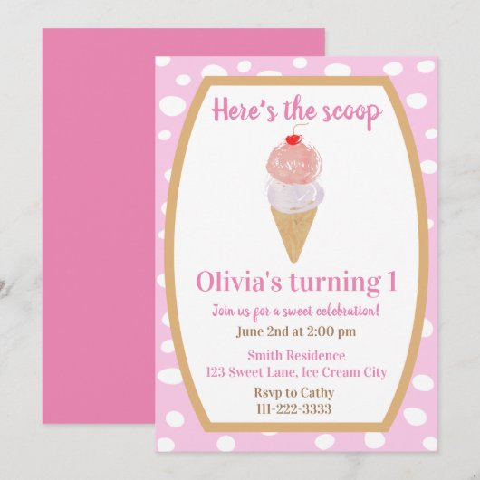 ピンクのアイスクリームパーティー ファーストバースデー招待状 招待状 (正面/裏面)