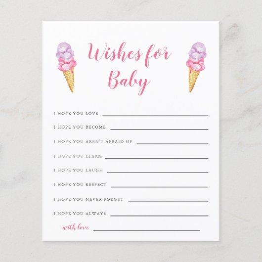 ピンクのアイスクリームベビーシャワーの願いベビーカード (正面)
