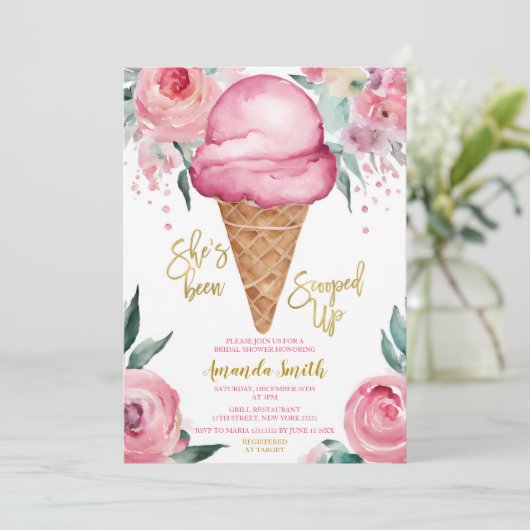 ピンクのアイスクリーム彼女はスクープされたブライダルシャワー 招待状 (スタンド正面)