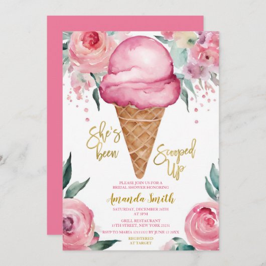 ピンクのアイスクリーム彼女はスクープされたブライダルシャワー 招待状 (正面/裏面)