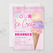 ピンクのアイスクリーム4thバースデーサマーガール 招待状 (正面)