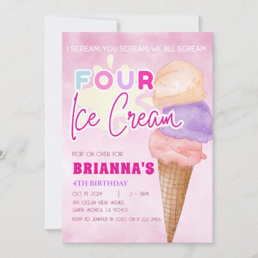 ピンクのアイスクリーム4thバースデーサマーガール 招待状 (正面)