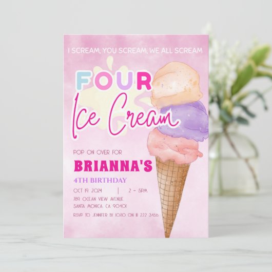ピンクのアイスクリーム4thバースデーサマーガール 招待状 (スタンド正面)