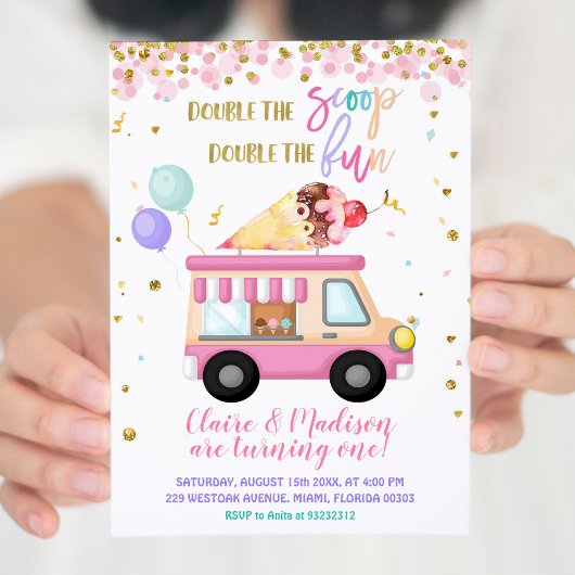ピンクのアイスクリーム ダブルスクープ ツインズ誕生日 招待状