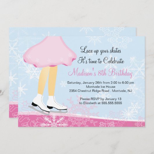 ピンクのアイススケートの誕生日のパーティの招待状 招待状 (正面/裏面)