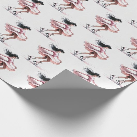 ピンクのアイススケートを持つ女の子の姿スケーター ラッピングペーパー (角)