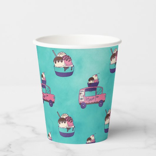 ピンクのアイスリームトラック 紙コップ (正面)