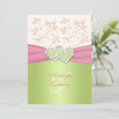 ピンクのアイボリーの緑によって結合されるハートのモノグラムの招待状 招待状 (スタンド正面)