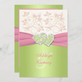 ピンクのアイボリーの緑によって結合されるハートのモノグラムの招待状 招待状 (正面/裏面)