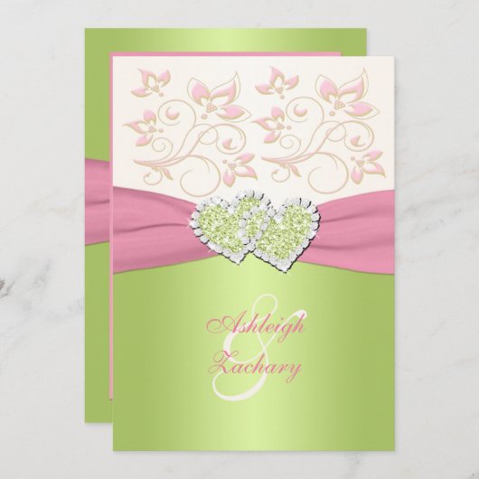 ピンクのアイボリーの緑によって結合されるハートのモノグラムの招待状 招待状 (正面/裏面)
