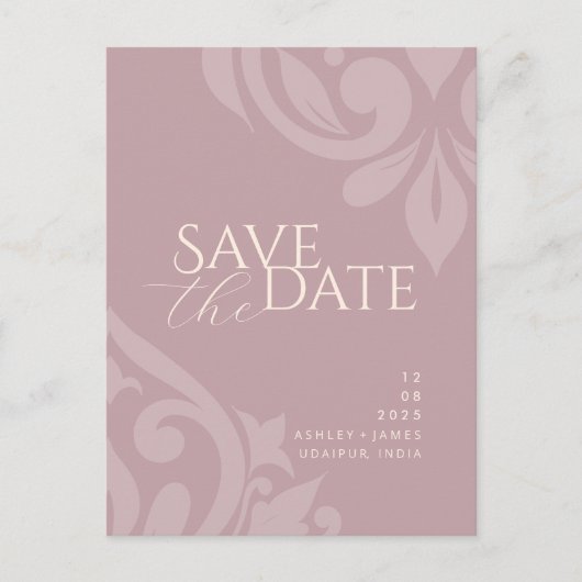 ピンクのアイボリーダマスク写真結婚式の日付を保存 案内ポストカード (正面)