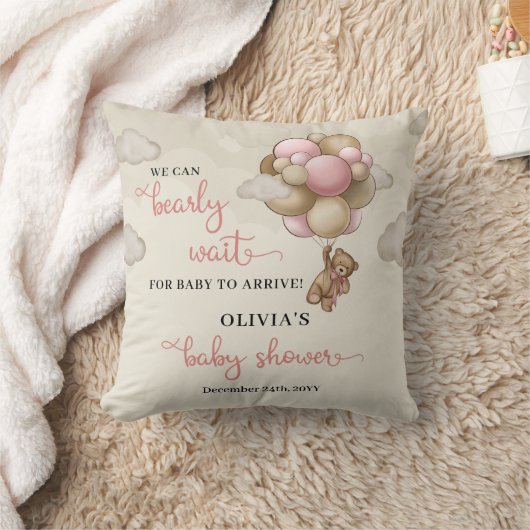 ピンクのアイボリー茶色の風船の女の子を心から待つ クッション (ブランケット)