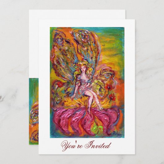 ピンクのアイリスに乗るフラワーフェアリー ファンタジー イエロー ホワイト 招待状 (正面/裏面)