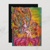 ピンクのアイリスに乗るフラワーフェアリー ファンタジー インビテーションポストカード (正面/裏面)