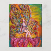 ピンクのアイリスに乗るフラワーフェアリー ファンタジー インビテーションポストカード (正面)