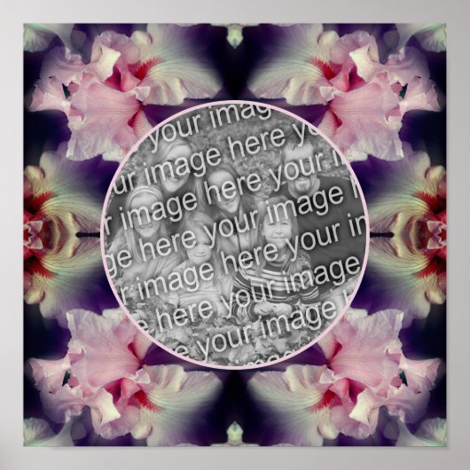 ピンクのアイリスフラワーフレーム自分の写真を作成 ポスター (正面)