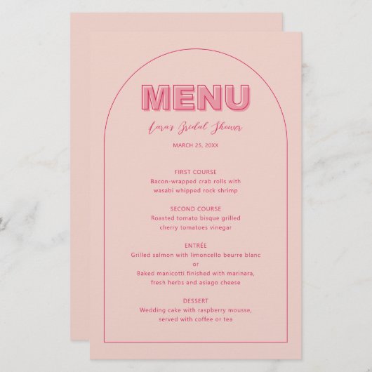 ピンクのアウトラインはっきりしたタイプブライダルシャワーのメニューカード (正面/裏面)