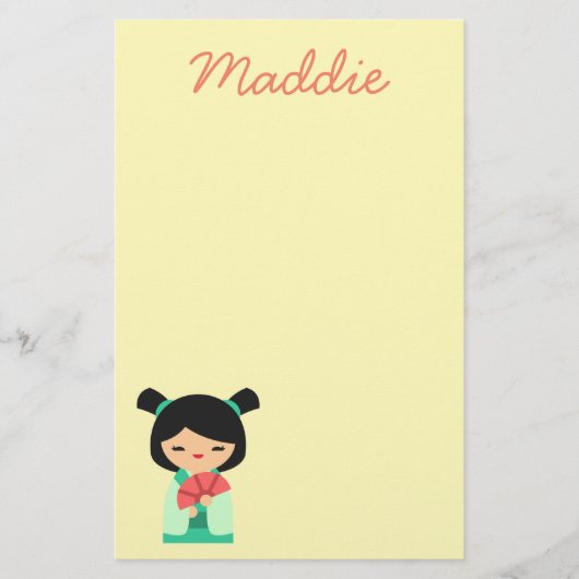 ピンクのアクアと桃こけし日本の人形 便箋 (正面)