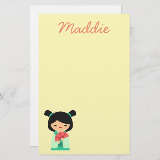 ピンクのアクアと桃こけし日本の人形 便箋 (正面/裏面)