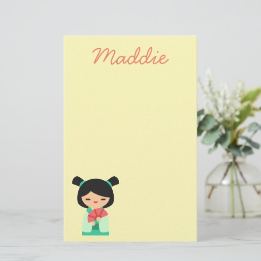 ピンクのアクアと桃こけし日本の人形 便箋 (スタンド正面)