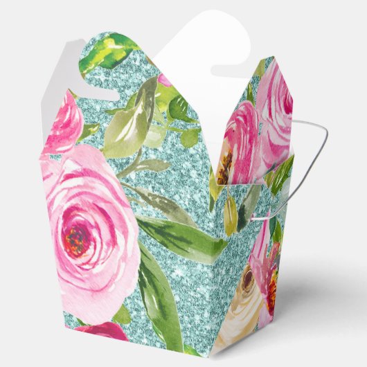 ピンクのアクアグリッターが付いた水彩ローズ - カスタマイズ可能 フェイバーボックス (オープン)