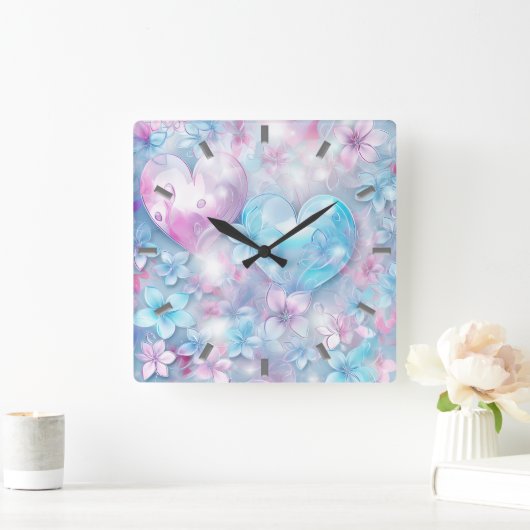 ピンクのアクアハートとフラワーウォールクロック スクエア壁時計 (ホーム)