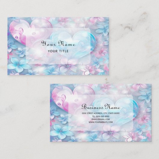 ピンクのアクアハートとフラワーズ名刺 名刺 (正面/裏面)
