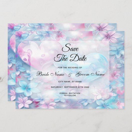 ピンクのアクアハートと花の保存日 セーブザデート (正面/裏面)