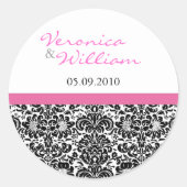 ピンクのアクセントダマスク日付ステッカーを保存 ラウンドシール (正面)