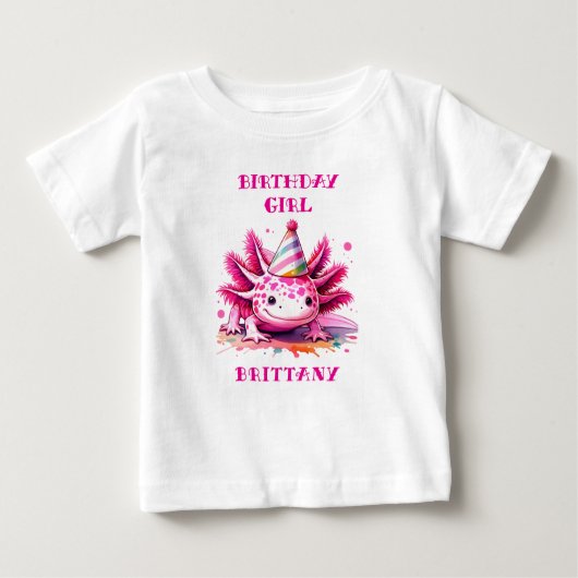 ピンクのアクソロトル少女の誕生日 女子パーソナライズド ベビーTシャツ (正面)