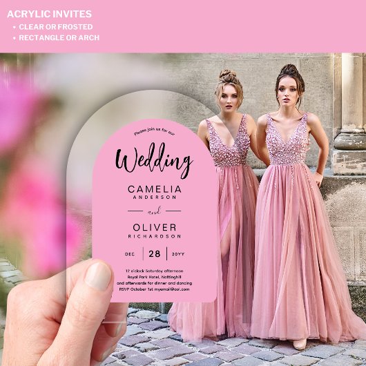 ピンクのアクリルの結婚式がブラック文字 モダン アクリル招待状