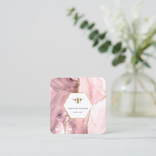 ピンクのアゲートにハチミツバメのロゴ スクエア名刺 (スタンド正面)