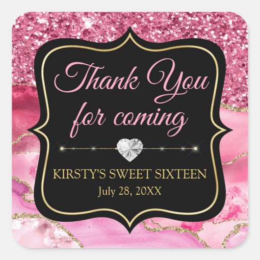 ピンクのアゲートヘードスライスと金ゴールドグリッタースウィート16 スクエアシール (正面)