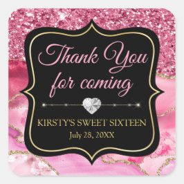 ピンクのアゲートヘードスライスと金ゴールドグリッタースウィート16 スクエアシール