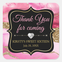 ピンクのアゲートヘードスライスと金ゴールドグリッタースウィート16 スクエアシール