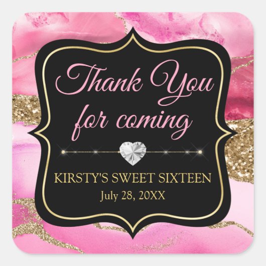 ピンクのアゲートヘードスライスと金ゴールドグリッタースウィート16 スクエアシール (正面)