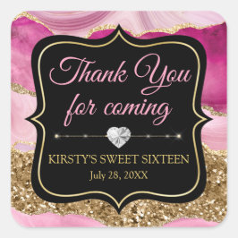 ピンクのアゲートヘードスライスと金ゴールドグリッタースウィート16 スクエアシール