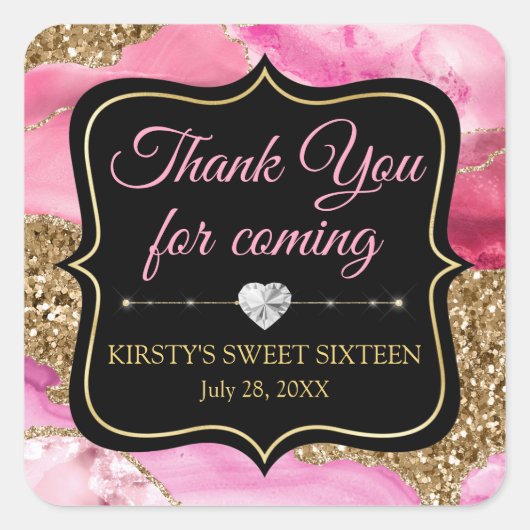 ピンクのアゲートヘードスライスと金ゴールドグリッタースウィート16 スクエアシール (正面)