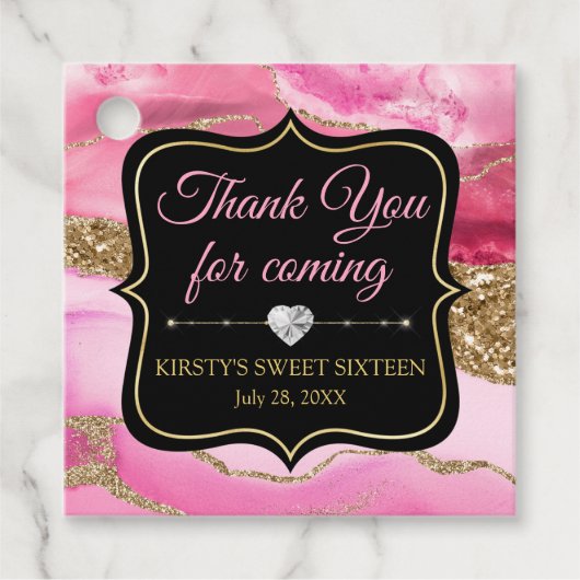 ピンクのアゲートヘードスライスと金ゴールドグリッタースウィート16 フェイバータグ (正面)