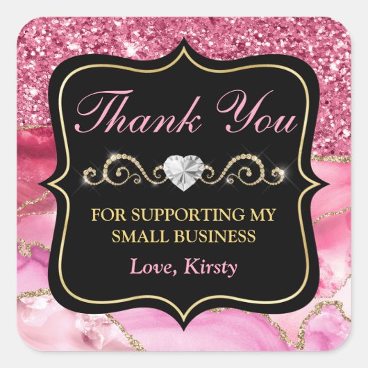 ピンクのアゲートヘードスライス&金ゴールドスモールビジネス スクエアシール (正面)