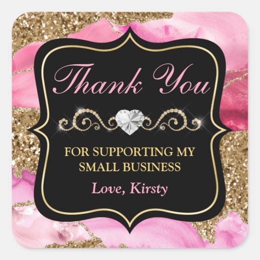 ピンクのアゲートヘードスライス&金ゴールドスモールビジネス スクエアシール (正面)