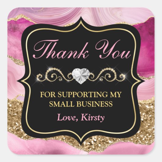 ピンクのアゲートヘードスライス&金ゴールドスモールビジネス スクエアシール (正面)