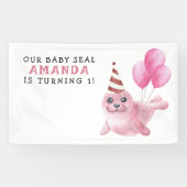 ピンクのアザラシ 海の中の1歳の誕生日 横断幕 (横)