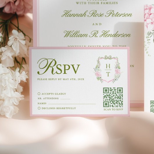 ピンクのアジサイの結婚式RSVPカード 出欠カード