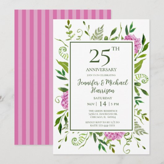 ピンクのアジサイの結婚25周年記念パーティー招待状 招待状 (正面/裏面)