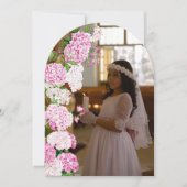 ピンクのアジサイの花のアーチ 初聖体拝領のお礼カード 招待状 (正面)