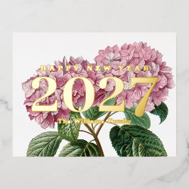 ピンクのアジサイの花 あけましておめでとうございます 2027 ゴールド 箔シーズンポストカード