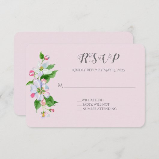 ピンクのアップルブロッサムウェディングRSVP エンクロージャーカード (正面/裏面)